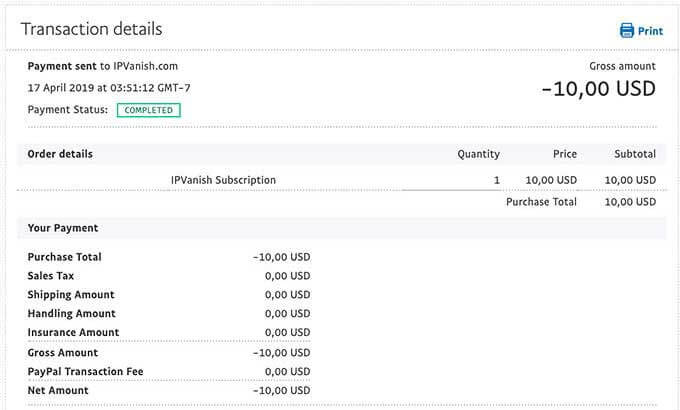 IPVanish transactional details