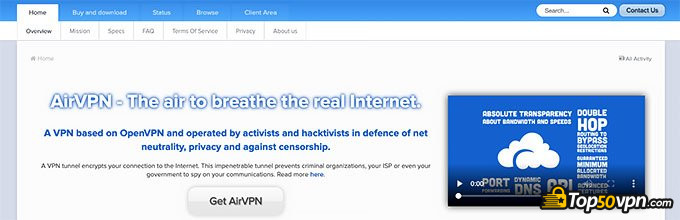 AirVPN review: front page.