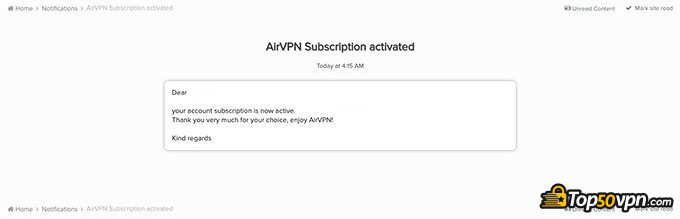 AirVPN review: subscription confirmation.