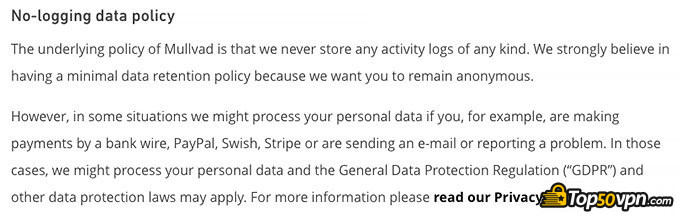 Mullvad review: no data logging policy.