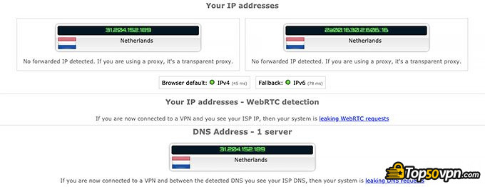 Perfect Privacy VPN review: IP leak test.