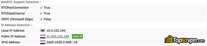 Perfect Privacy VPN review: WebRTC leak test.