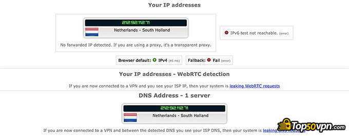 Private Internet Access review: IP leak test.