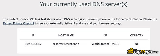 Trust.Zone review: DNS leak test.