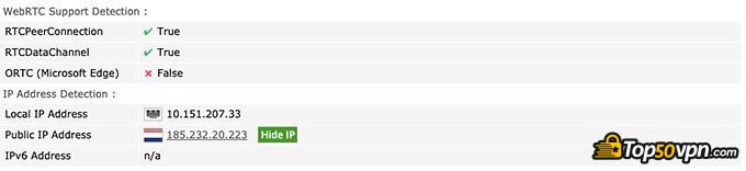 Windscribe review: WebRTC leak test.